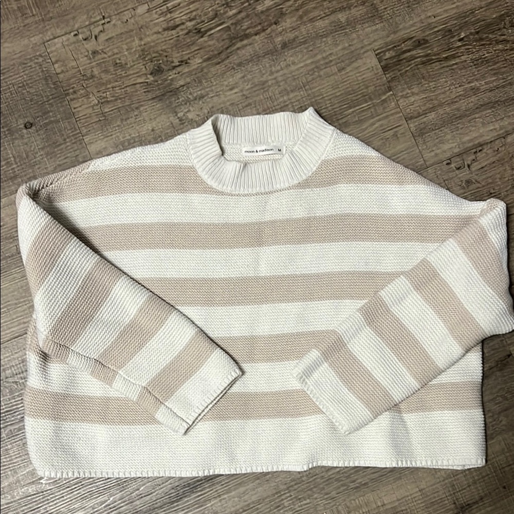 Tan and White Crew Neck Sweater with Stripes